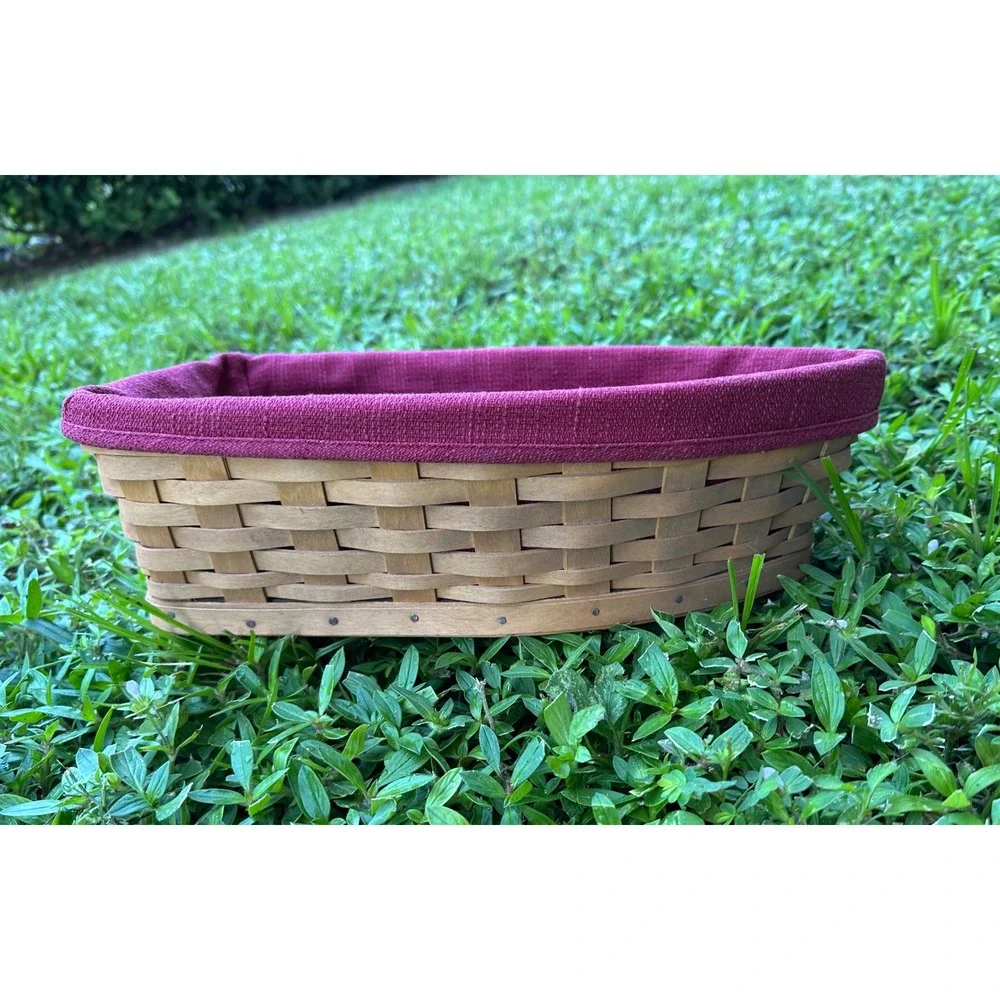 Longaberger 2003 Handmade Basket with Burgundy Liner Boat Shape 12 Inch